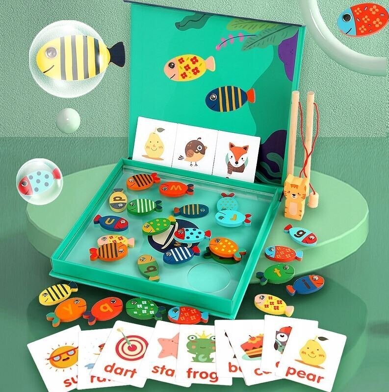 Montessori kalapüügimäng, 20 joonistega kaarti, 2 õngeritva hind ja info | Arendavad mänguasjad | kaup24.ee