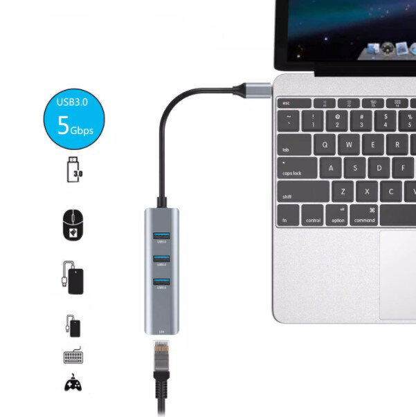 Adapter HUB USB-C Ethernet Gigabit RJ45 3x USB 3.0 hind ja info | USB jagajad, adapterid | kaup24.ee