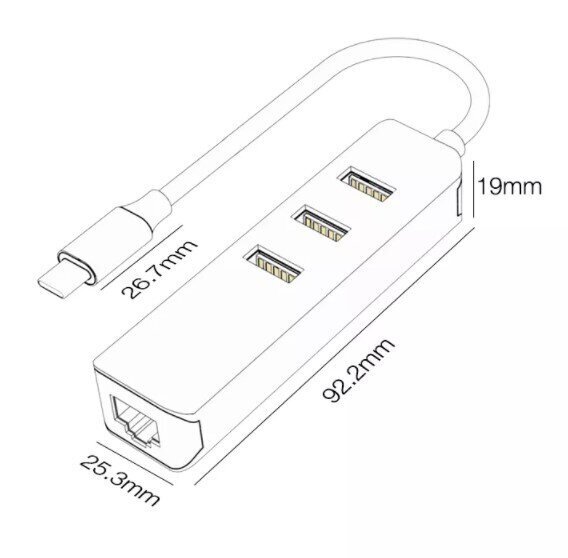 Adapter HUB USB-C Ethernet Gigabit RJ45 3x USB 3.0 hind ja info | USB jagajad, adapterid | kaup24.ee