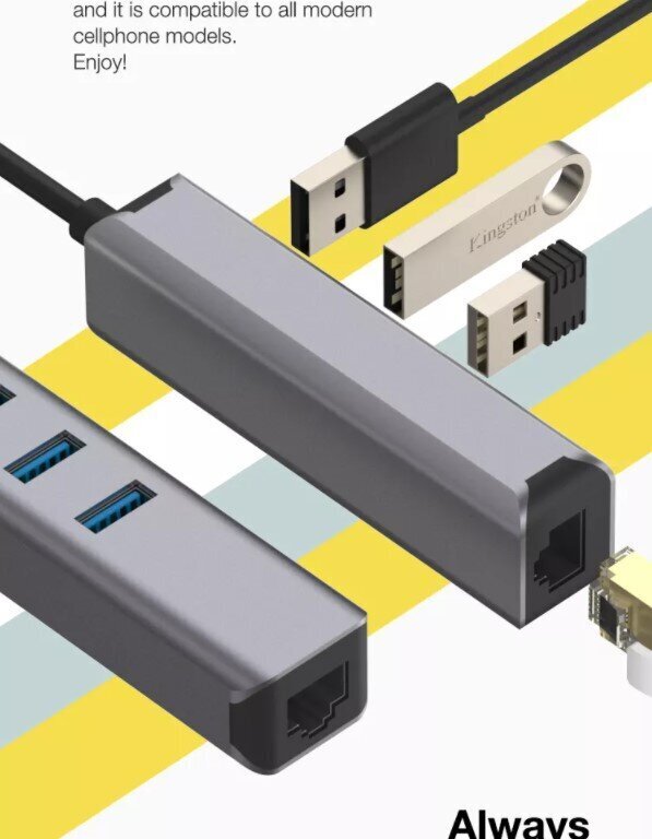 Adapter HUB USB-C Ethernet Gigabit RJ45 3x USB 3.0 цена и информация | USB jagajad, adapterid | kaup24.ee