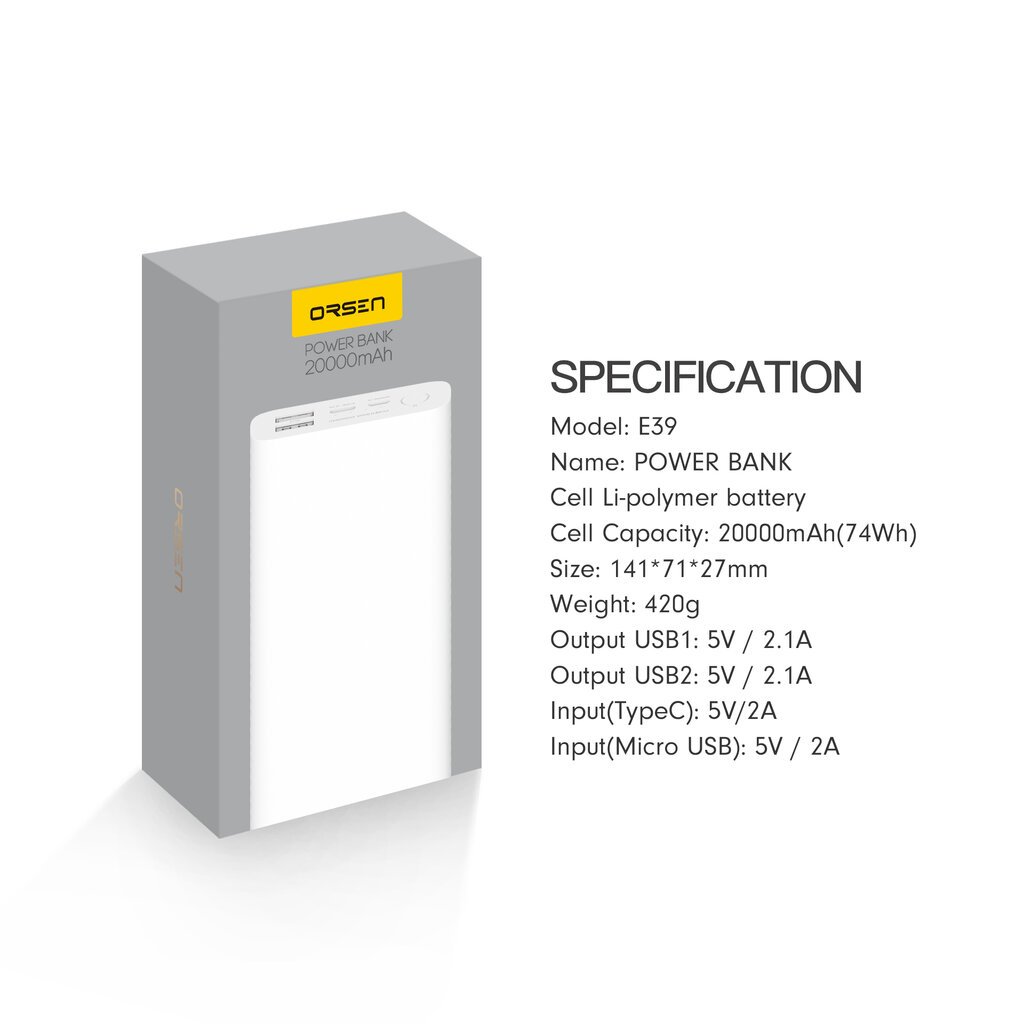 Orsen E39 20000 mAh цена и информация | Akupangad | kaup24.ee