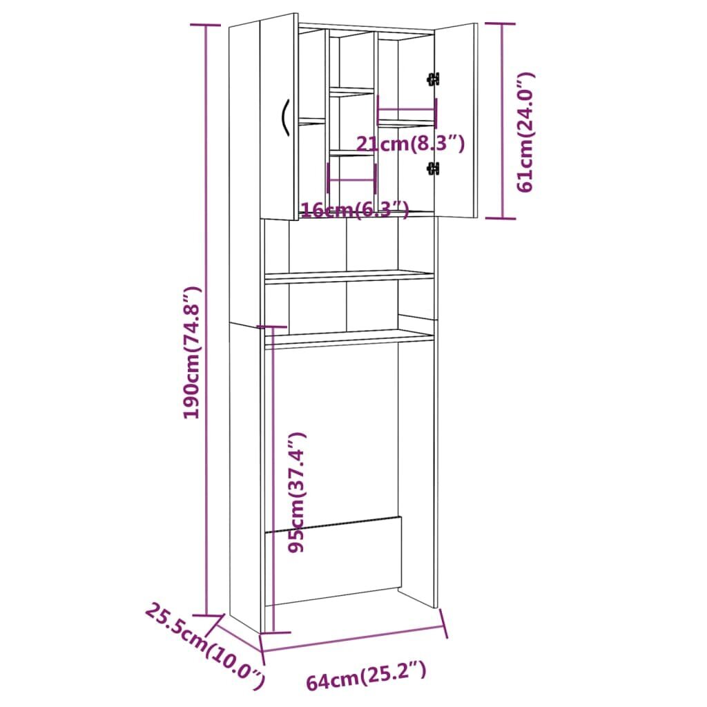 Pesumasinakapp vidaXL, hall Sonoma tamm, 64 x 25,5 x 190 cm цена и информация | Vannitoakapid | kaup24.ee