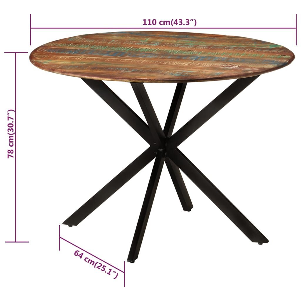 Söögilaud vidaXL, Ø110 x 78 cm, taastatud puit ja teras цена и информация | Köögi- ja söögilauad | kaup24.ee