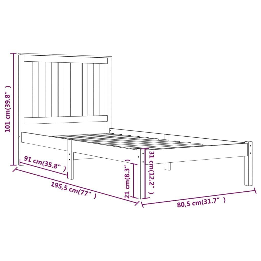 vidaXL voodiraam valge täismännipuit 75x190 cm 2FT6 väike ühekohaline hind ja info | Voodid | kaup24.ee