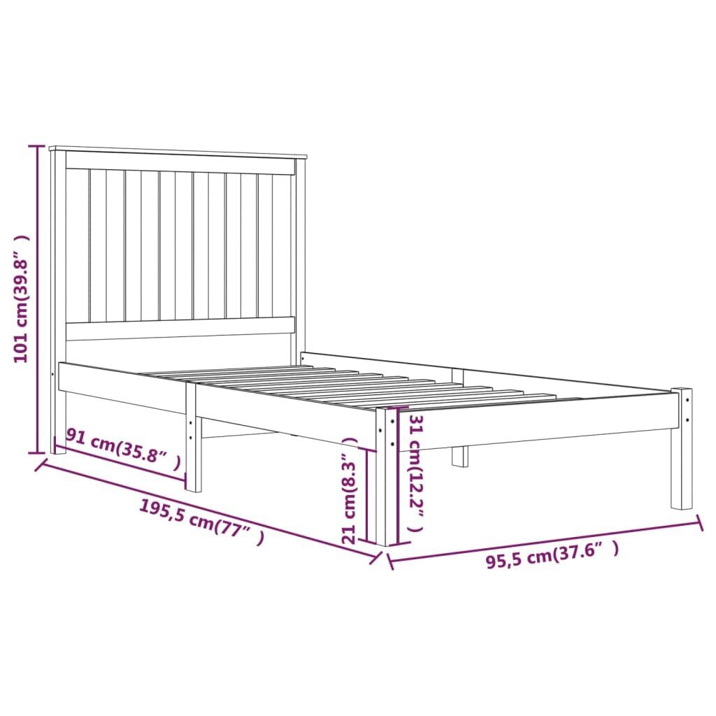 vidaXL voodiraam, must, täismännipuit, 90 x 190 cm цена и информация | Voodid | kaup24.ee