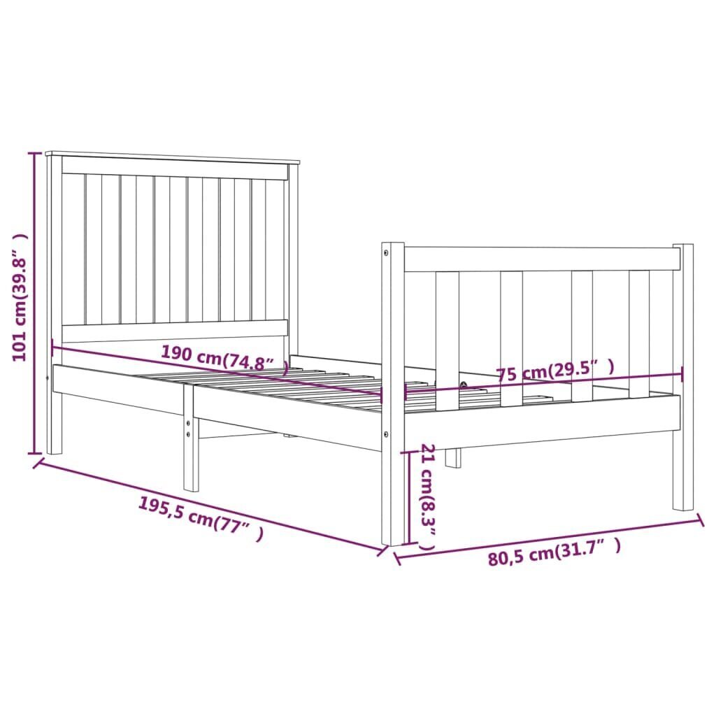 vidaXL voodiraam valge täismännipuit 75x190 cm 2FT6 väike ühekohaline цена и информация | Voodid | kaup24.ee