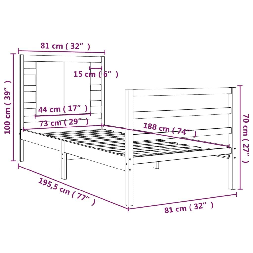 vidaXL voodiraam, valge, täismännipuit, 75 x 190 cm цена и информация | Voodid | kaup24.ee