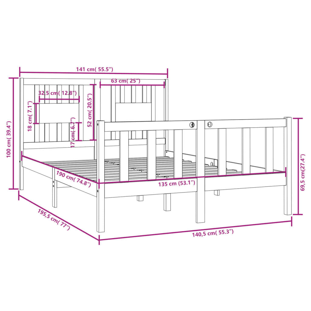 vidaXL voodiraam, valge, täispuit, 135 x 190 cm цена и информация | Voodid | kaup24.ee