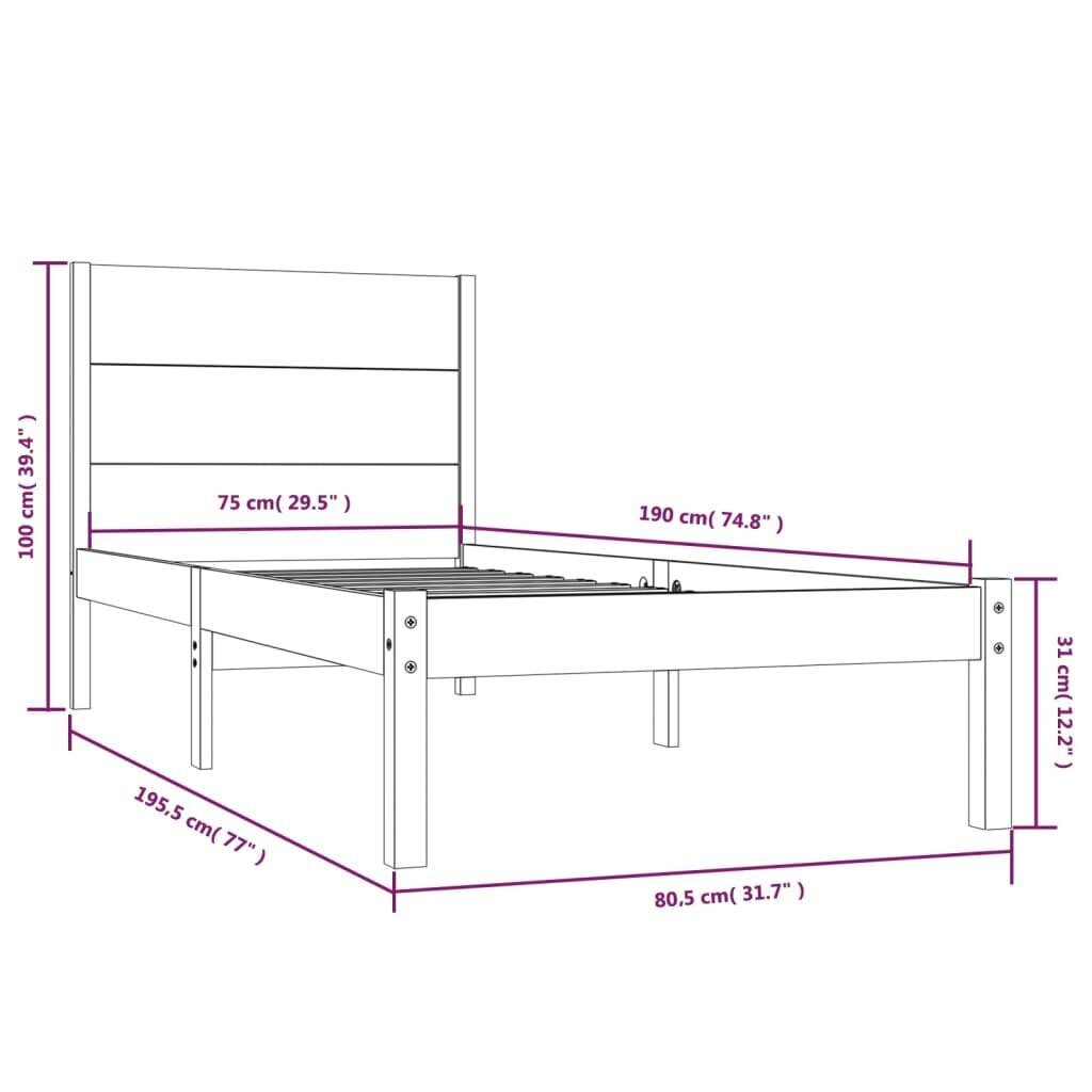 vidaXL voodiraam, valge, täismännipuit, 75 x 190 cm hind ja info | Voodid | kaup24.ee