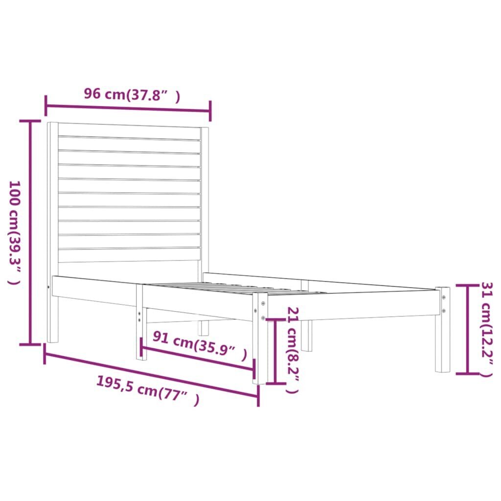 vidaXL voodiraam, valge, täispuit, 90 x 190 cm 3FT6 ühekohaline hind ja info | Voodid | kaup24.ee