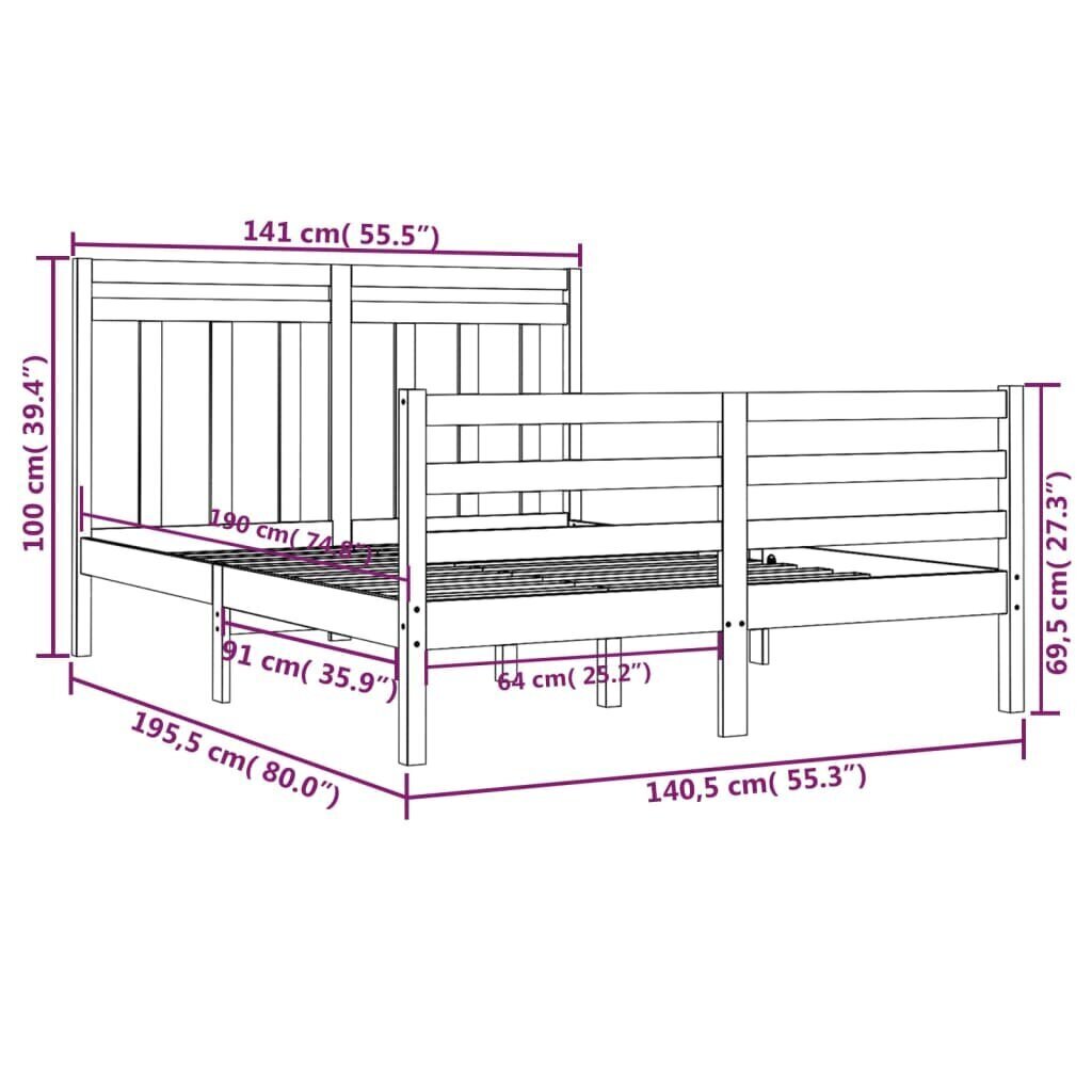 vidaXL voodiraam, hall, täispuit, 135 x 190 cm hind ja info | Voodid | kaup24.ee