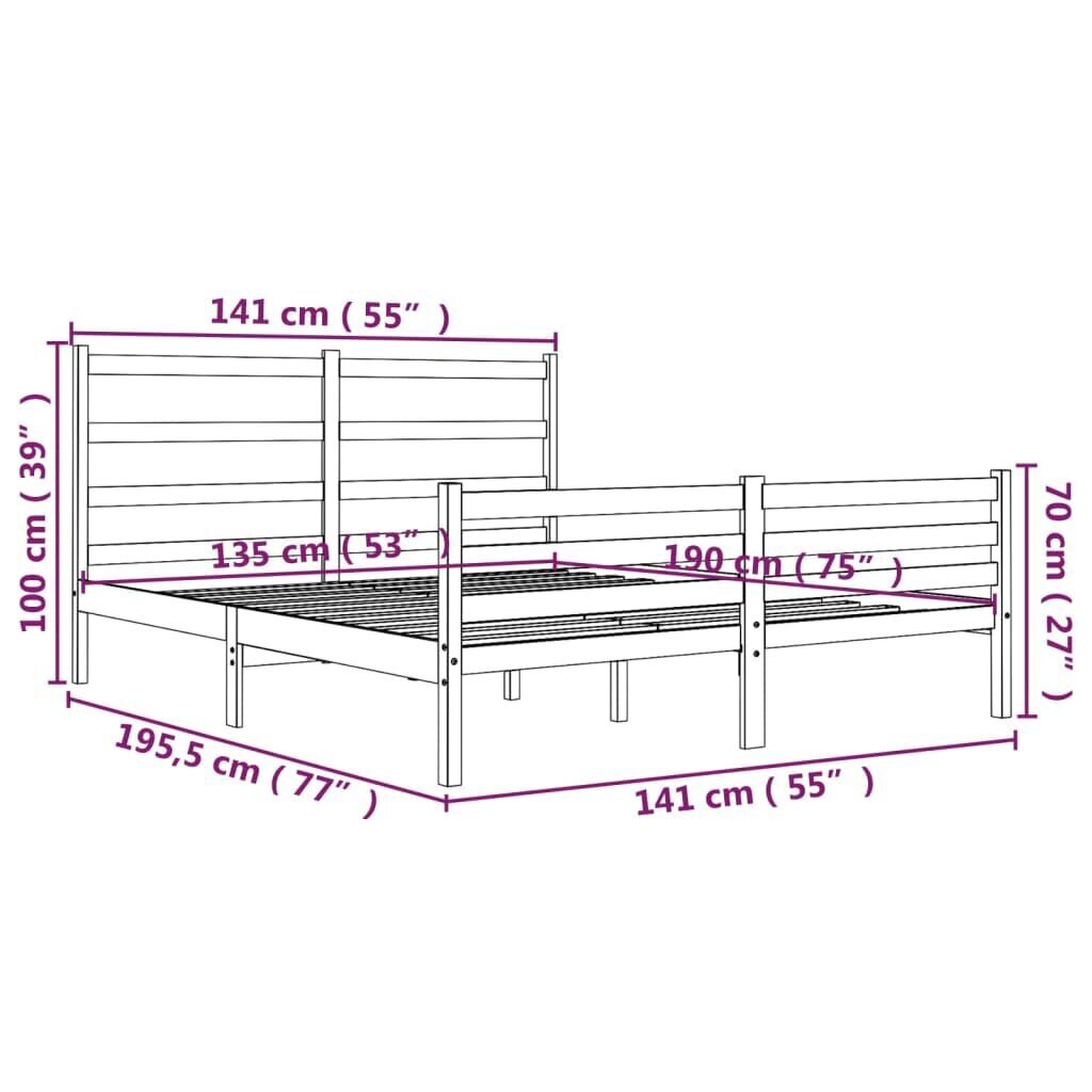 Voodiraam vidaXL, hall, täismännipuit, 135 x 190 cm hind ja info | Voodid | kaup24.ee