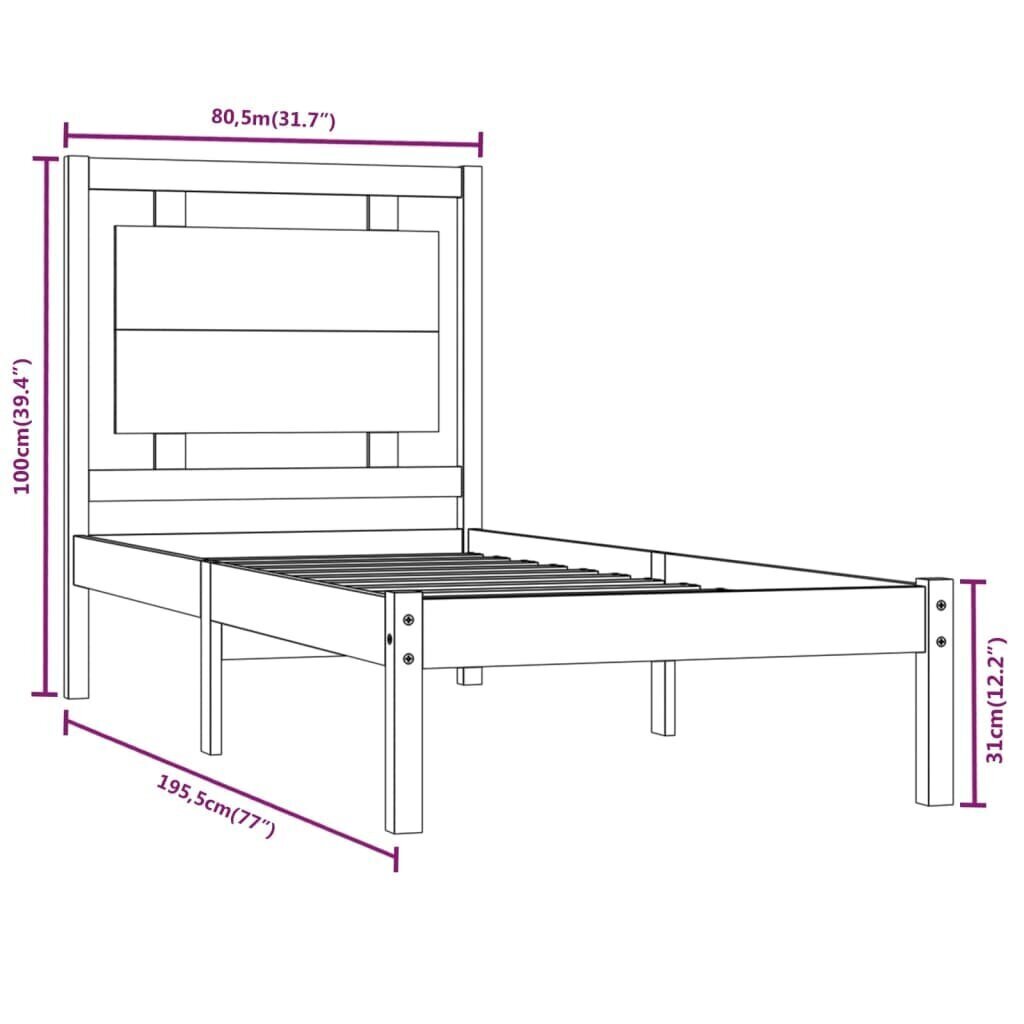 vidaXL voodiraam, valge, täismännipuit, 75 x 190 cm hind ja info | Voodid | kaup24.ee