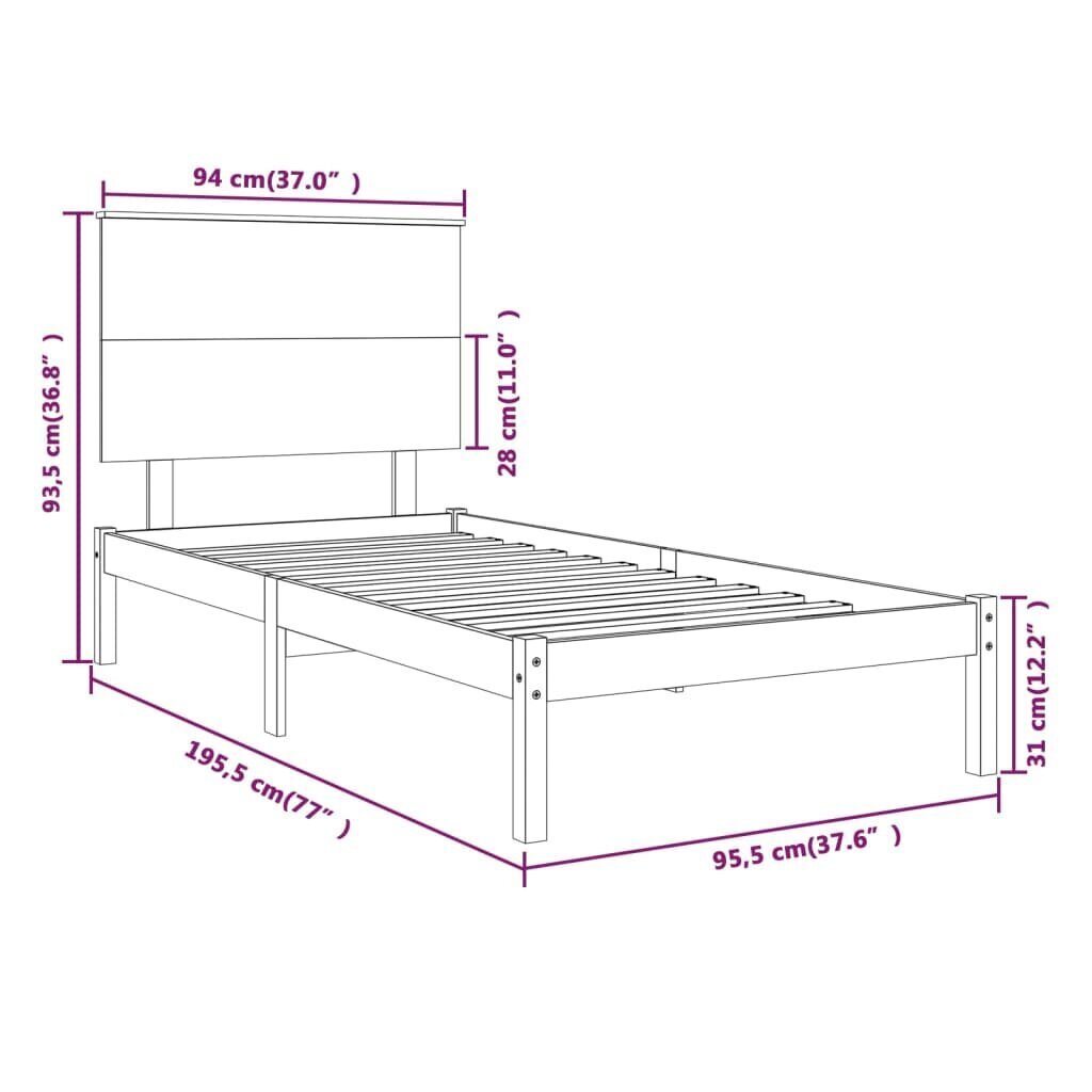 Voodiraam vidaXL, valge, täispuit, 90 x 190 cm 3FT ühekohaline hind ja info | Voodid | kaup24.ee