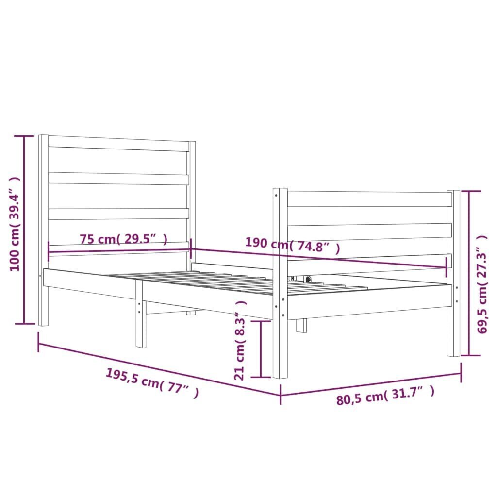 Voodiraam vidaXL, valge, täismännipuit, 75 x 190 cm hind ja info | Voodid | kaup24.ee