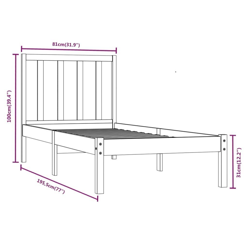 Voodiraam vidaXL, täismännipuit, 75 x 190 cm hind ja info | Voodid | kaup24.ee