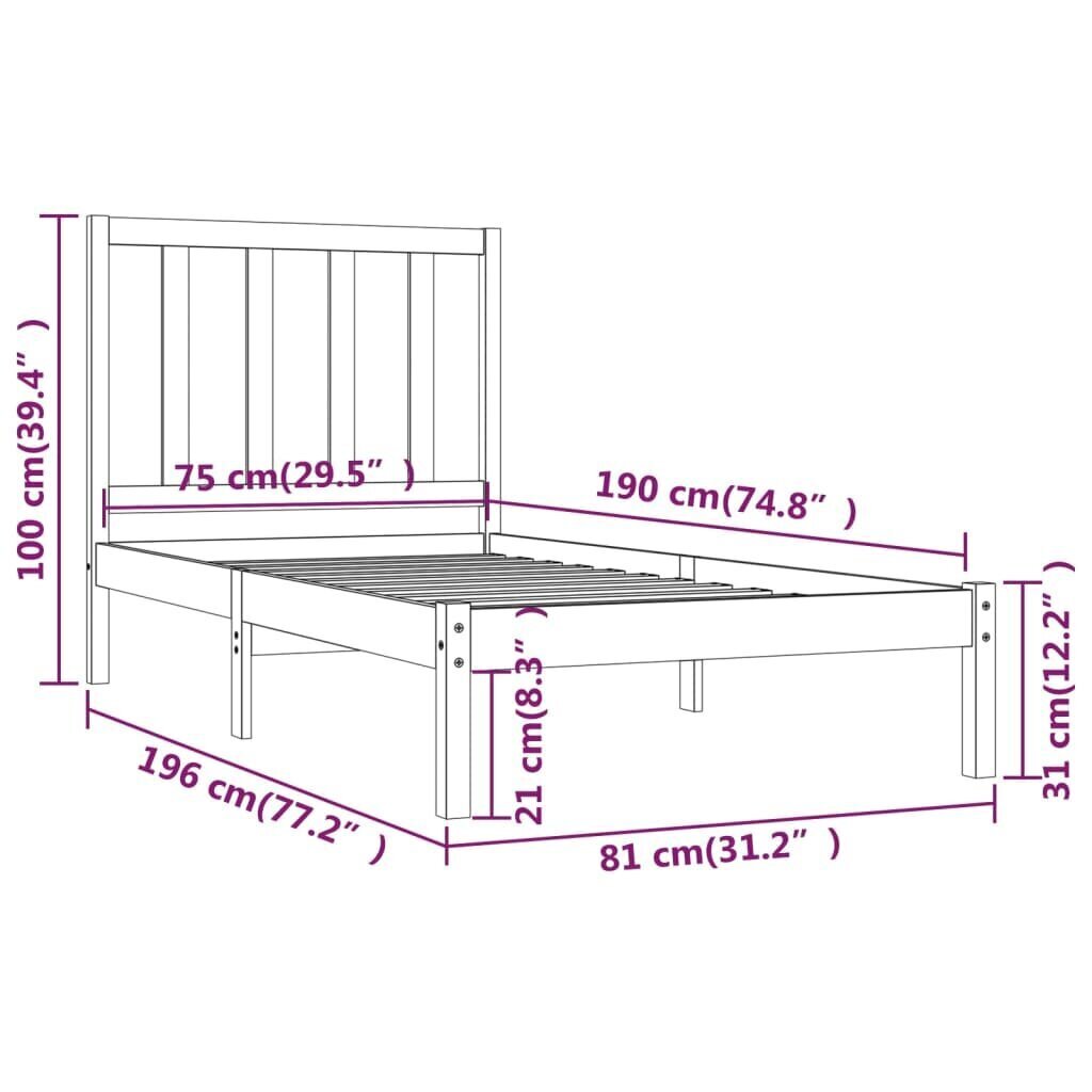 vidaXL voodiraam valge täismännipuit 75x190 cm 2FT6 väike ühekohaline hind ja info | Voodid | kaup24.ee