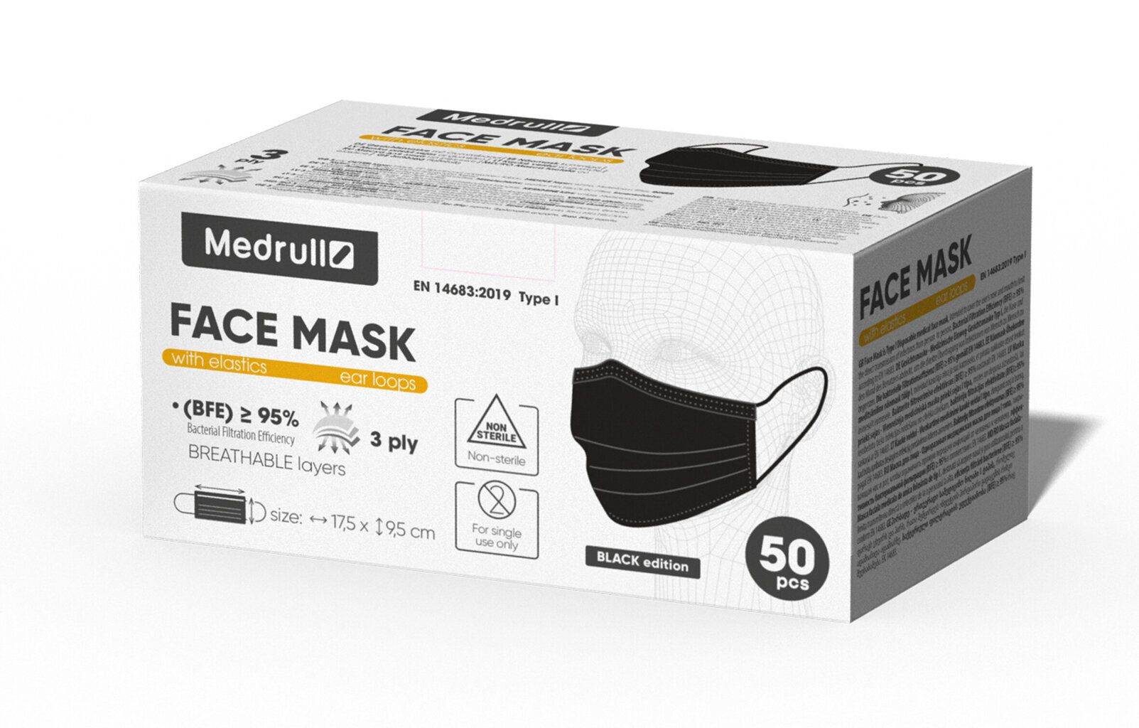 Meditsiinilised maskid kummiga Medrull, 50 tk, must hind ja info | Esmaabi | kaup24.ee