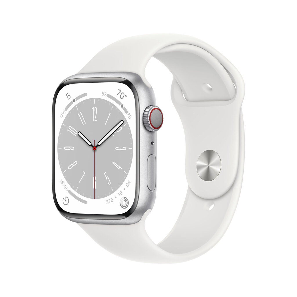 Apple Watch Series 8 GPS + Cellular 45mm Silver Aluminium Case ,White Sport Band - MP4J3EL/A LV-EE цена и информация | Nutikellad (smartwatch) | kaup24.ee
