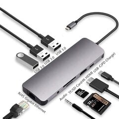 Sülearvuti adapter Co2, Hub 9in1, Mac Book Pro, USB-C, HDMI ,4K, SD kaart , Micro SD kaart, Ethernet Gigabit, Jack 3.5 mm, USB-C, Space hall hind ja info | USB jagajad, adapterid | kaup24.ee