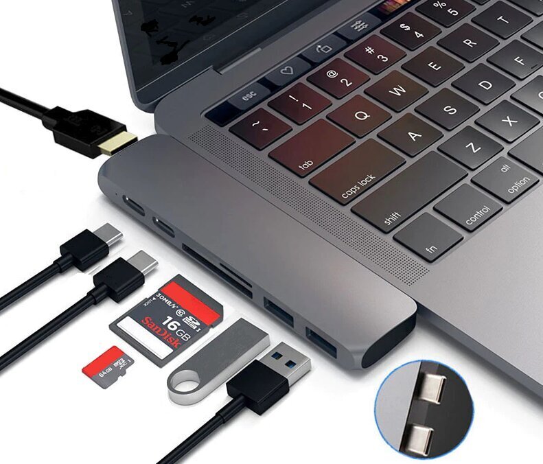 Sülearvuti pesa Co2, 7in1 Apple'ile, MacBook Pro , Air Retina, USB-C, HDMI, SD mälukaart, Micro SD, 1 x HD, hõbedane hind ja info | USB jagajad, adapterid | kaup24.ee