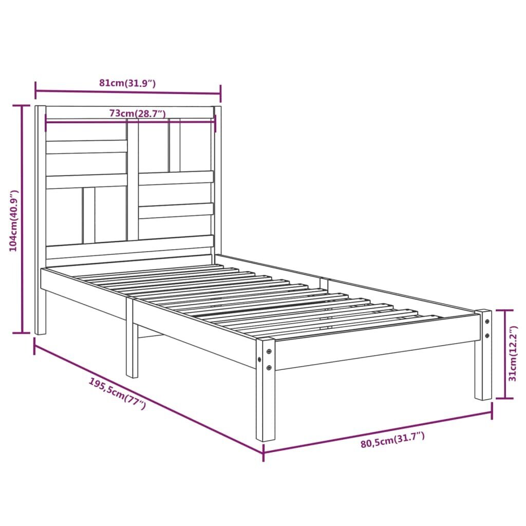 vidaXL voodiraam, täispuit, 75 x 190 cm 2FT6 väike ühekohaline hind ja info | Voodid | kaup24.ee