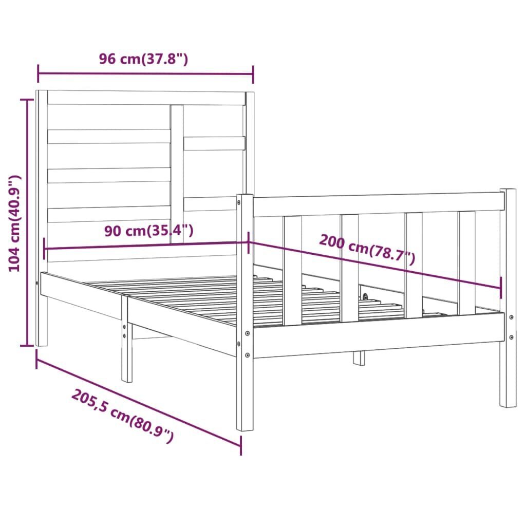 vidaXL voodiraam, valge, täismännipuit, 90 x 200 cm hind ja info | Voodid | kaup24.ee