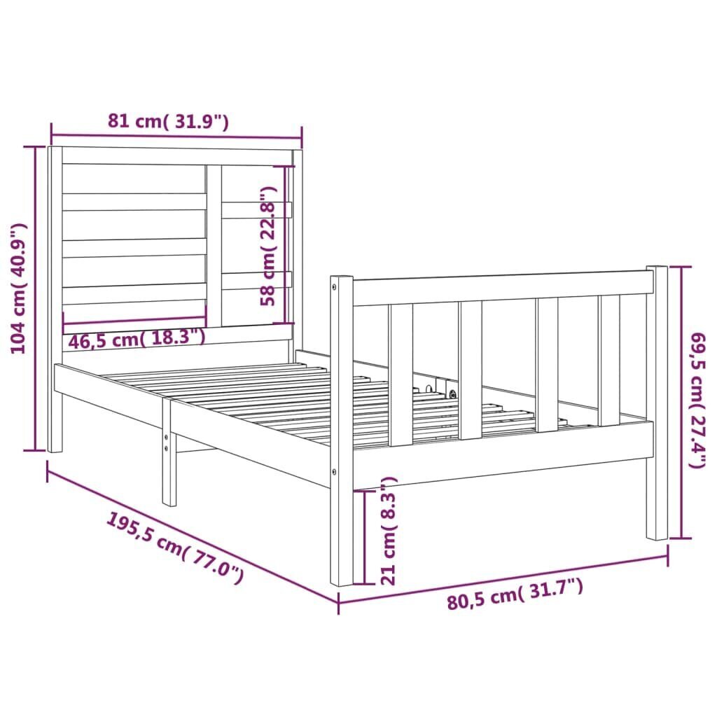 vidaXL voodiraam, valge, täismännipuit, 75 x 190 cm цена и информация | Voodid | kaup24.ee