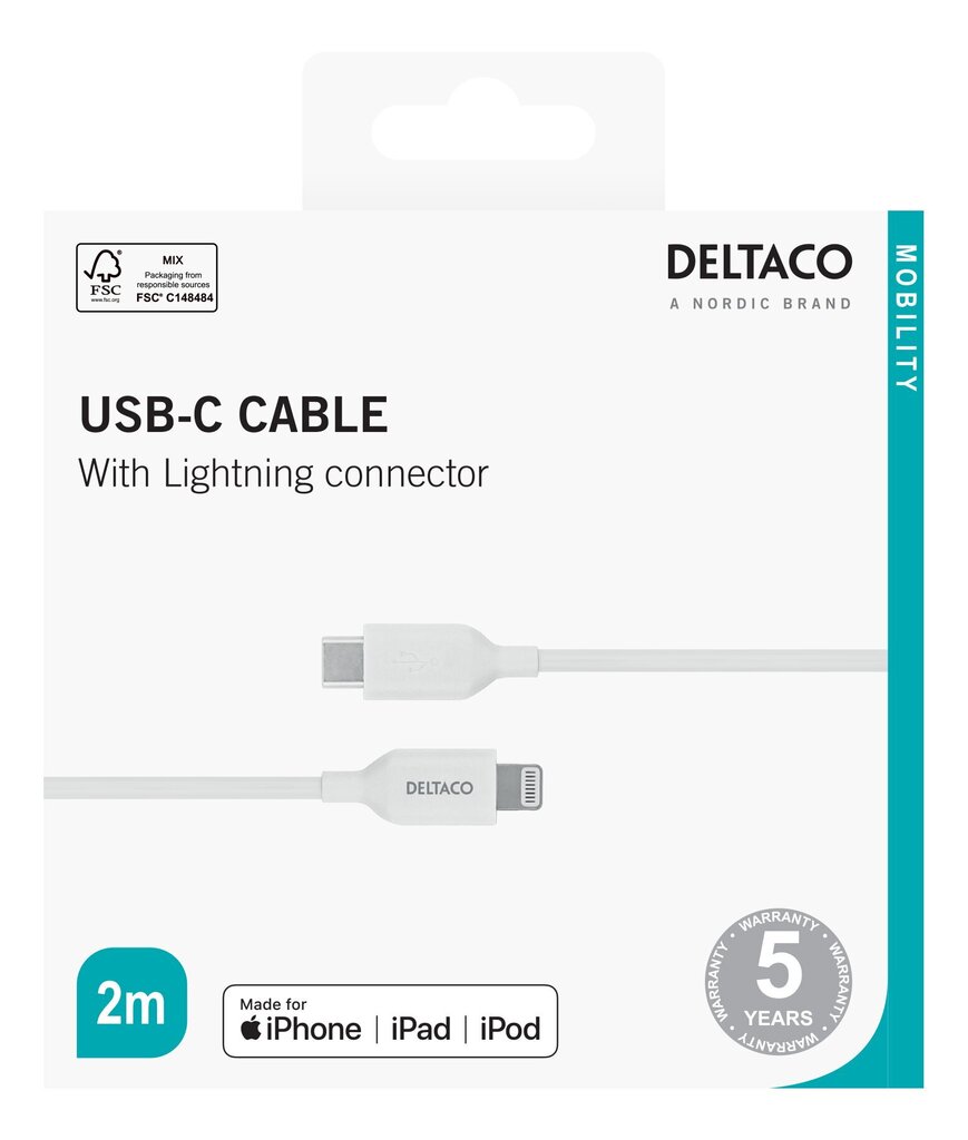 Deltaco IPLH-452 USB-C/Lightning, 2 m hind ja info | Mobiiltelefonide kaablid | kaup24.ee