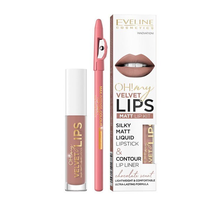 Matt huulepulk Eveline Oh My Lips Liquid Matt Lipstick, 4,5 ml + huulepliiats Contour Lip Liner 11 Cookie Milkshake hind ja info | Huulepulgad, -läiked, -palsamid, vaseliin | kaup24.ee