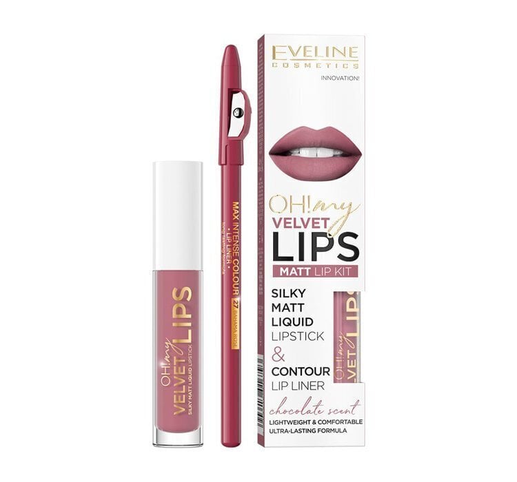 Matt huulepulk Eveline Oh My Lips Liquid Matt Lipstick, 4,5 ml + huulepliiats Contour Lip Liner 13 Brownie Biscotti цена и информация | Huulepulgad, -läiked, -palsamid, vaseliin | kaup24.ee