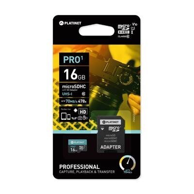PLATINET microSDHC Secure Digital + adapter SD 16GB klass 10 UI 70MB/s цена и информация | USB jagajad, adapterid | kaup24.ee