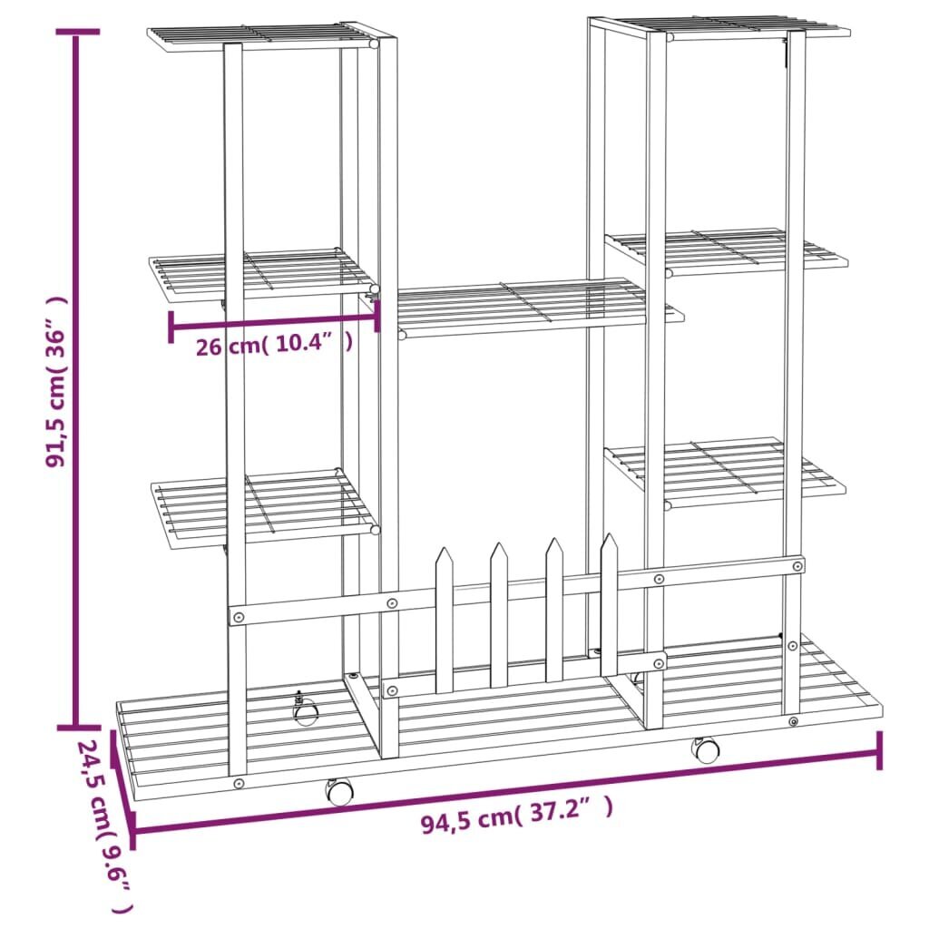 vidaXL lillealus ratastel, 94,5x24,5x91,5 cm, must, metall цена и информация | Vaasid, alused, redelid lilledele | kaup24.ee