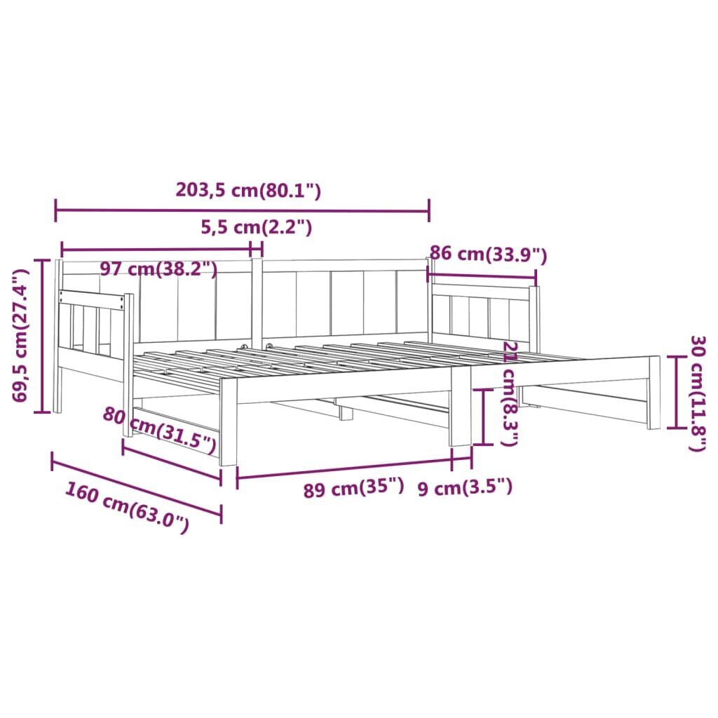 vidaXL väljatõmmatav päevavoodi, männipuit, 2 x (80-200) cm цена и информация | Voodid | kaup24.ee