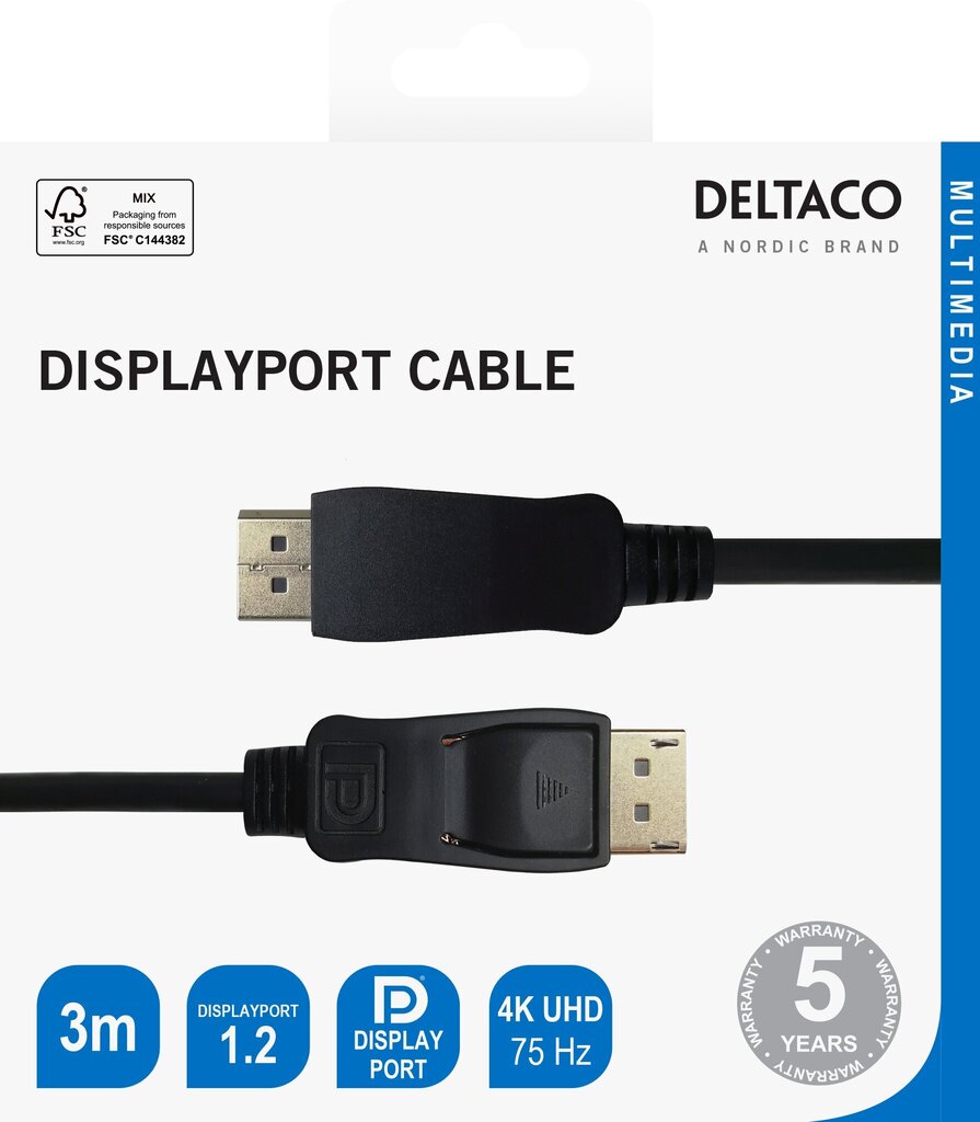 DEltaco, DisplayPort, 4K UHD, 21.6 Gb/s, 3 m hind ja info | Kaablid ja juhtmed | kaup24.ee