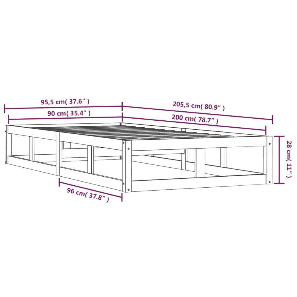 vidaXL voodiraam, valge, 90 x 200 cm, männipuit hind ja info | Voodid | kaup24.ee