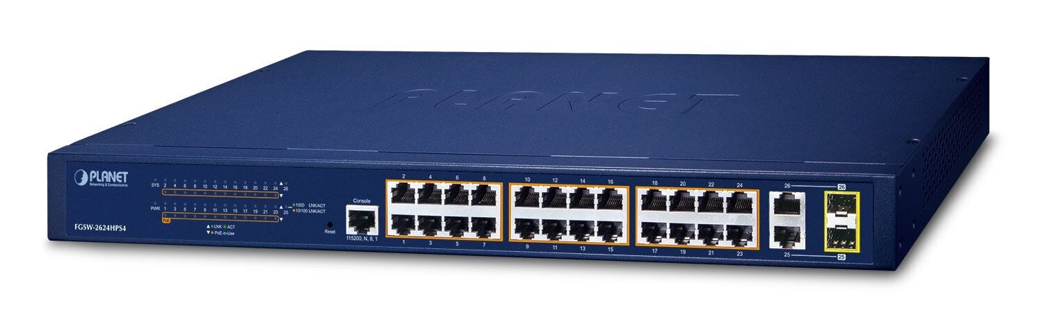 PLANET FGSW-2624HPS4 network switch Managed L2/L4 Gigabit Ethernet (10/100/1000) Power over Ethernet (PoE) 1U Blue цена и информация | Lülitid (Switch) | kaup24.ee