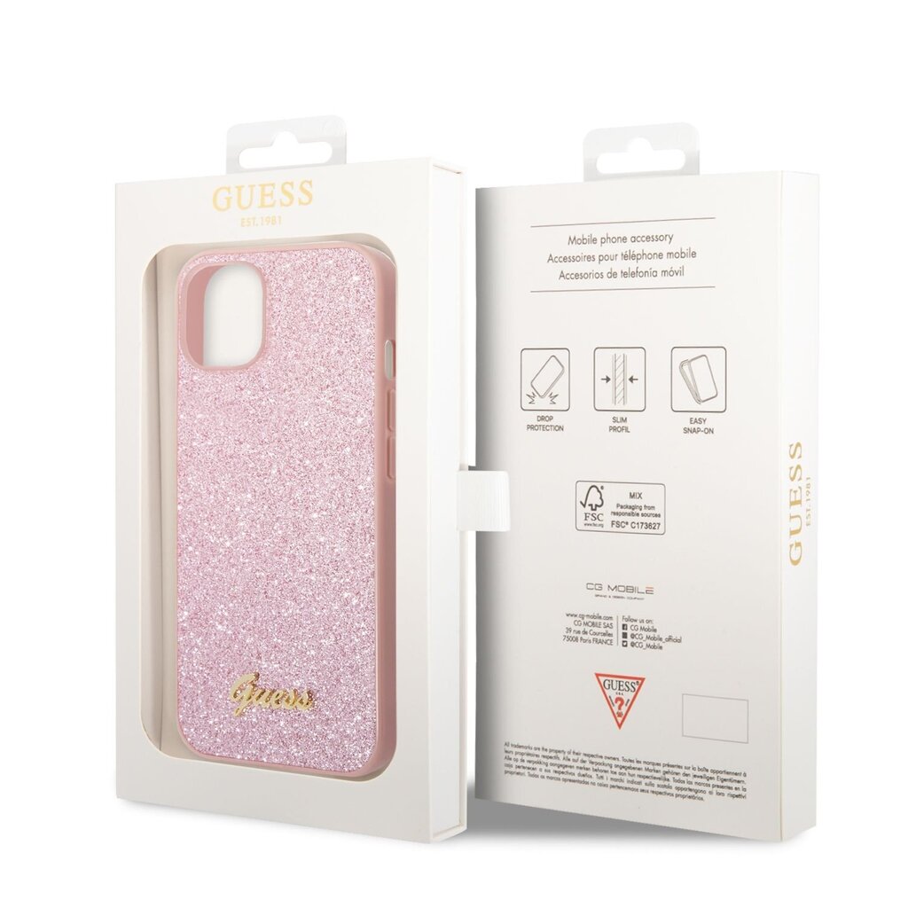 Guess PC/TPU Glitter Flakes Metal Logo Case for iPhone 14 Pink hind ja info | Telefoni kaaned, ümbrised | kaup24.ee