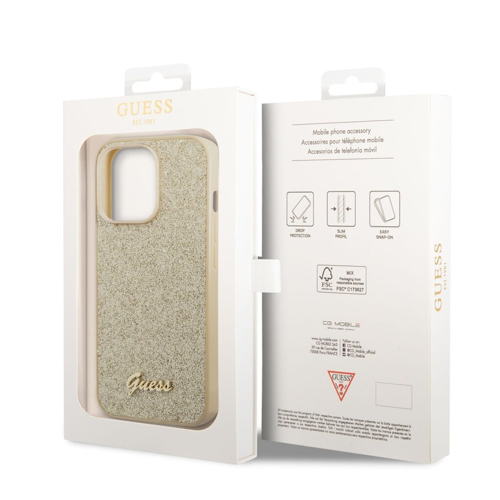 Guess PC/TPU Glitter Flakes Metal Logo Case for iPhone 14 Pro Gold цена и информация | Telefoni kaaned, ümbrised | kaup24.ee