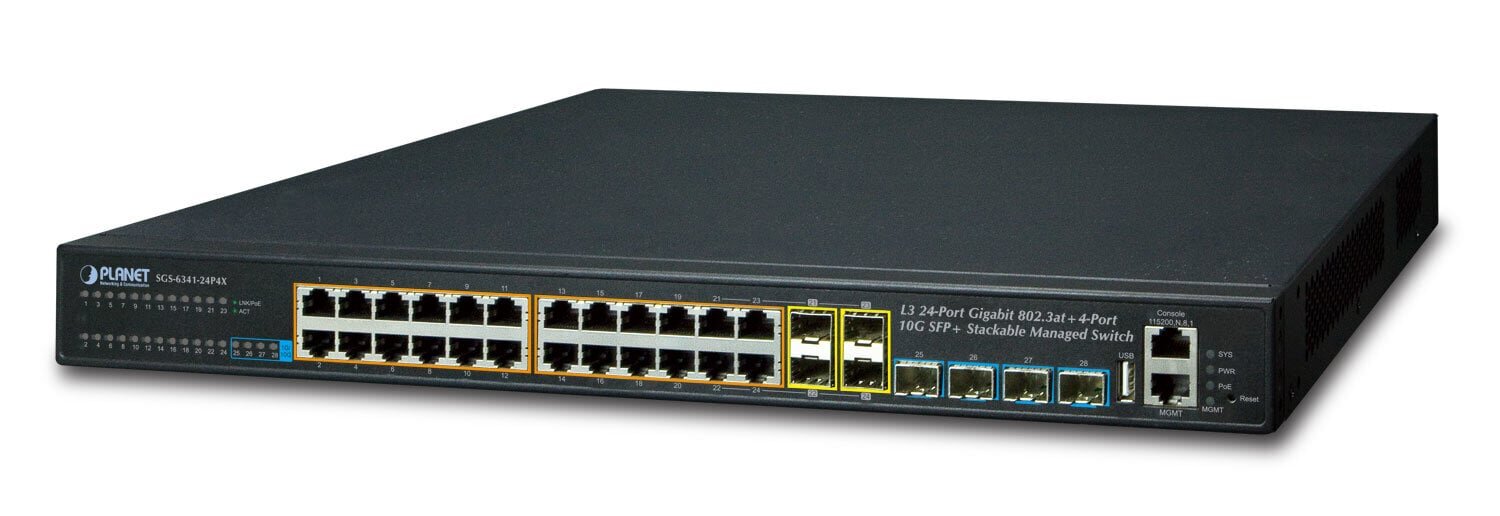 PLANET SGS-6341-24P4X network switch Managed L3 Gigabit Ethernet (10/100/1000) Power over Ethernet (PoE) 1U Black цена и информация | Lülitid (Switch) | kaup24.ee