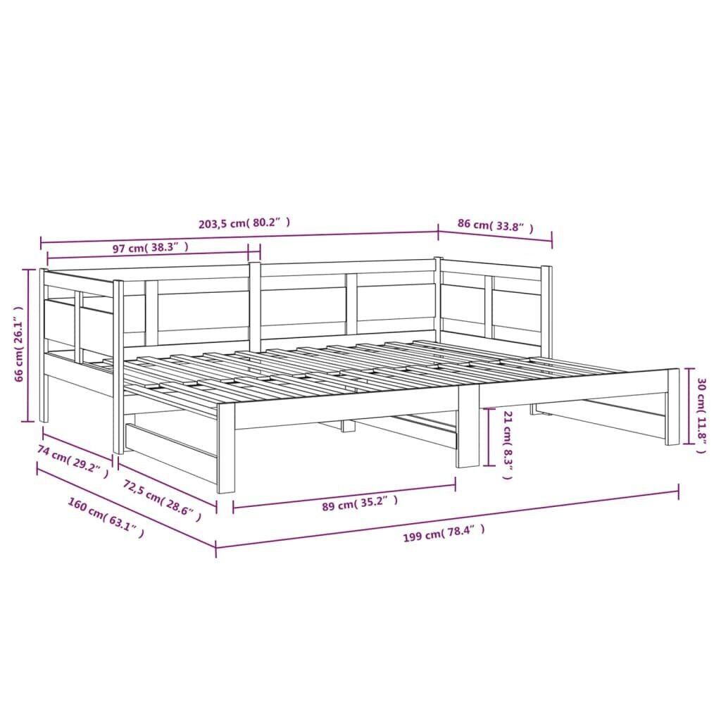 vidaXL väljatõmmatav päevavoodi, valge, männipuit, 2 x (80-200) cm hind ja info | Voodid | kaup24.ee