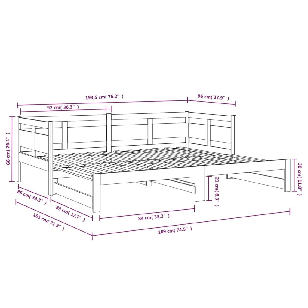 vidaXL väljatõmmatav päevavoodi, valge, männipuit, 2 x (90-190) cm цена и информация | Voodid | kaup24.ee