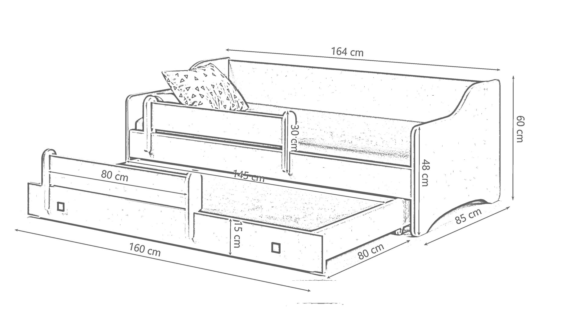 Laste kaheinimesevoodi Eryk madratsi ja kaitsebarjääriga 164x85x60/160x80x15cm, mustad käepidemed hind ja info | Lastevoodid | kaup24.ee