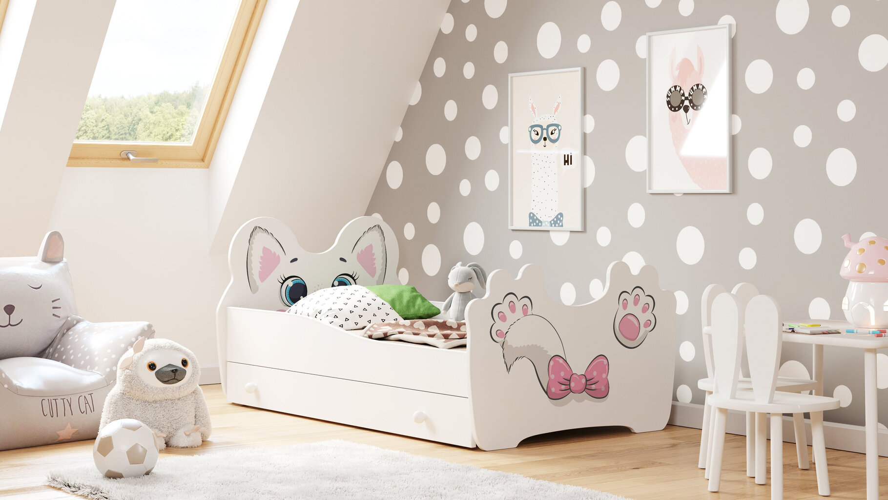Laste voodi Loomad koos sahtli ja madratsiga 164 cm x 90 cm x 70 cm, kass hind ja info | Lastevoodid | kaup24.ee