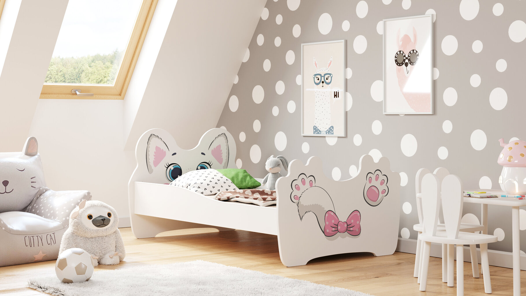 Laste voodi Loomad koos madratsiga 144 cm x 80 cm x 70 cm, kass цена и информация | Lastevoodid | kaup24.ee
