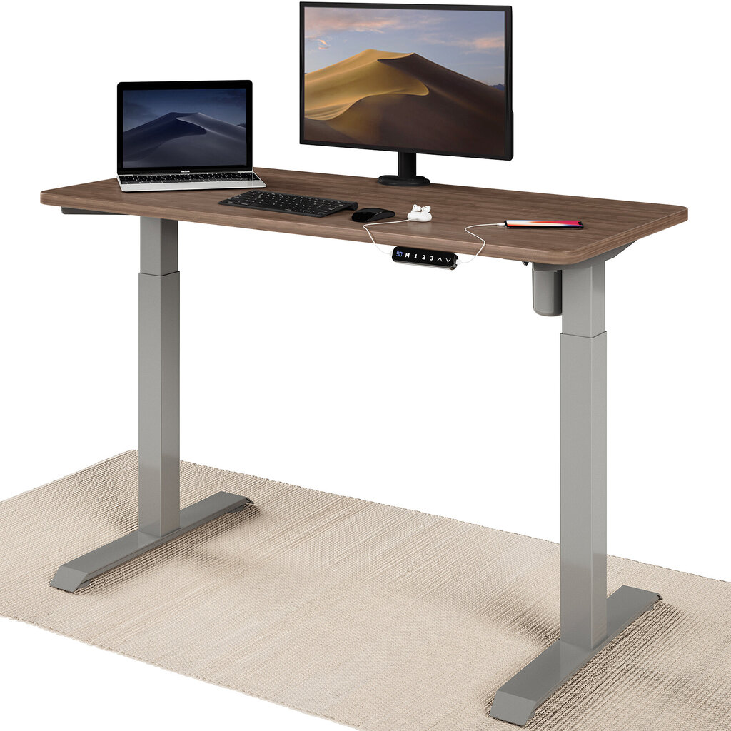 Reguleeritava kõrgusega laud „Desktronic“ elektrijuhtmega, USB A- ja C-pesadega, Hallid jala, Pähklipuust tööpind 120x60 cm hind ja info | Arvutilauad, kirjutuslauad | kaup24.ee
