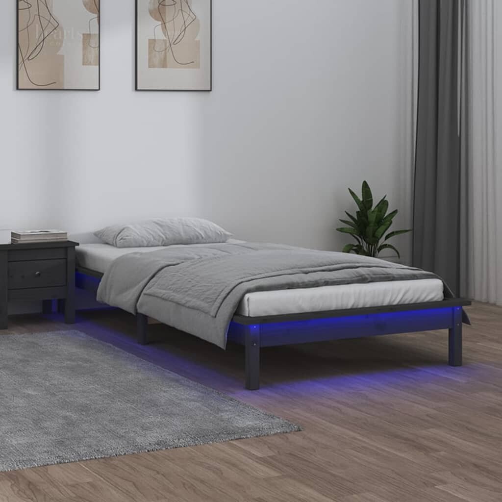 vidaXL LED-voodiraam, hall, 100 x 200 cm, männipuit hind ja info | Voodid | kaup24.ee
