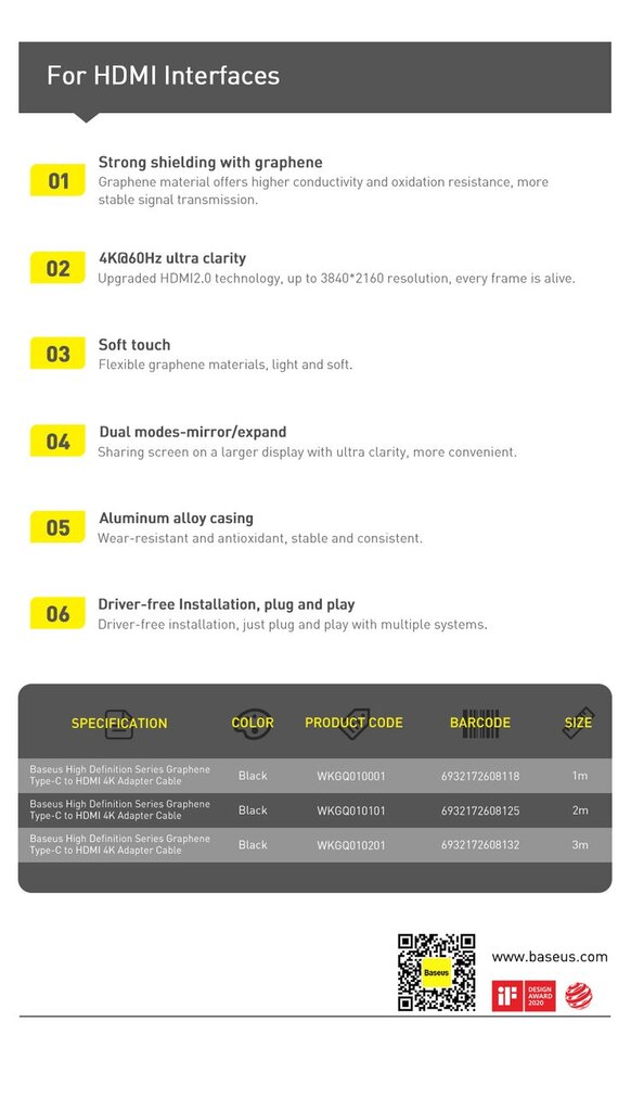 Baseus High Definition Series adapter cable USB Type C - HDMI 2.0 4K 60Hz 3m black (WKGQ010201) hind ja info | Mobiiltelefonide kaablid | kaup24.ee