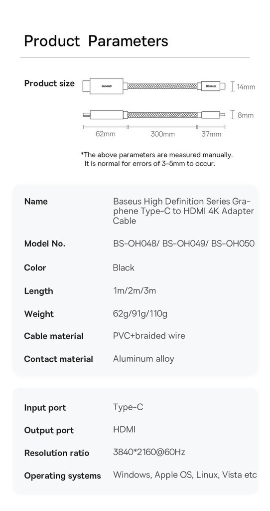 Baseus High Definition Series adapter cable USB Type C - HDMI 2.0 4K 60Hz 3m black (WKGQ010201) hind ja info | Mobiiltelefonide kaablid | kaup24.ee