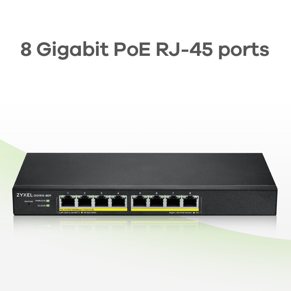 Zyxel GS1915-8EP Managed L2 Gigabit Ethernet (10/100/1000) Power over Ethernet (PoE) Black цена и информация | Lülitid (Switch) | kaup24.ee